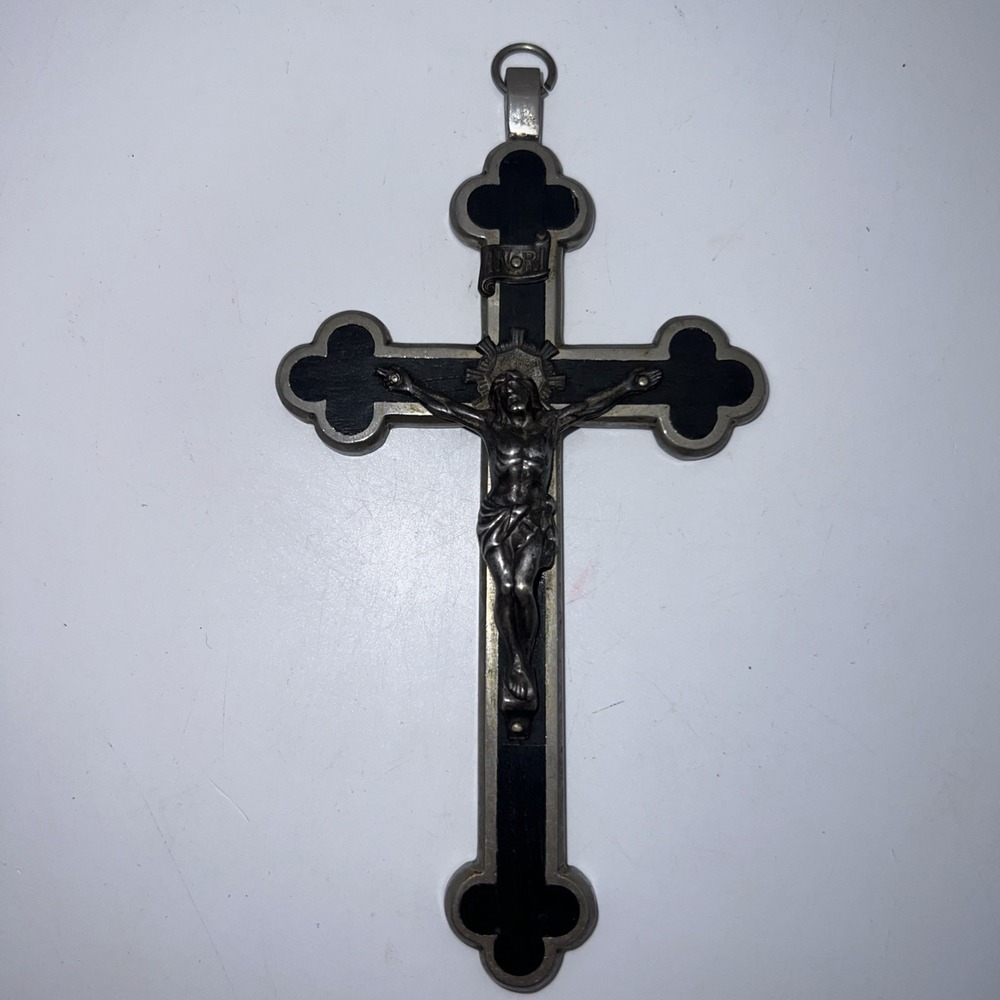 Antique German Trefoil Crucifix 5.5" Ebony Wood Inlay Metal Pectoral Cross